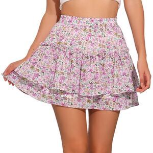 Floral Tiered Ruffle Cute Summer Flowy Chiffon Mini Skirt Pink a